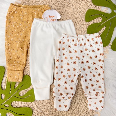   Kit 3 Calças -  Ramo Florido Mostarda, Off White liso e Flores Marrom 